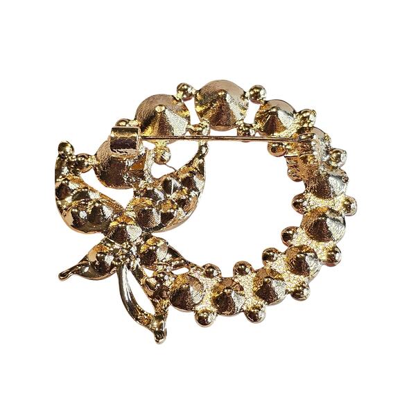 Green Brooch Pin Faux Pearl Rhinestone Butterfly Gold Tone Wreath Gift Box - Picture 7 of 10